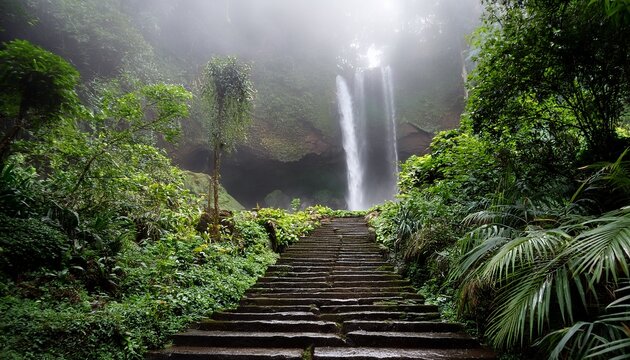 stone steps leading through misty waterfall and lush greenery