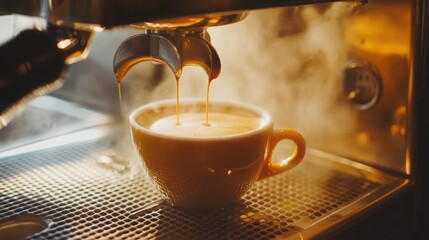 Freshly brewed espresso pouring into a creamy coffee cup.