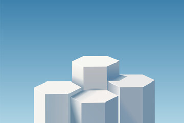White geometric podium product with sky background, 3d white pedestal for product display or presentation, 4 hexagonal show pedestal stage with sky backdrop, vector illustration EPS10.