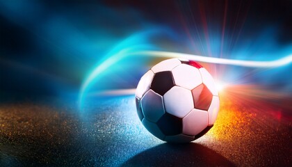 Naklejka premium vibrant soccer ball on glowing surface with dynamic light effects