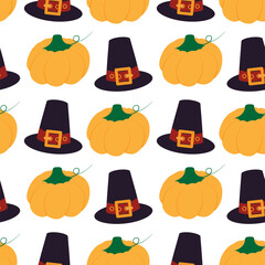Hand Drawn Pilgrim Hat and pumpkin with tendril Seamless Pattern Thanksgiving Minimalist Background
