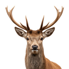 Majestic Close-Up Portrait of a Male Deer with Impressive Antlers Against a Neutral Background Transparent background or png