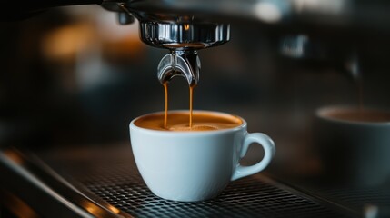 Espresso pouring into a delicate white cup.