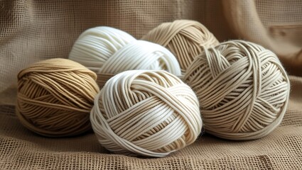 Beige and White Yarn Balls on Burlap Texture Background