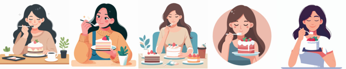vector of girl eating cake