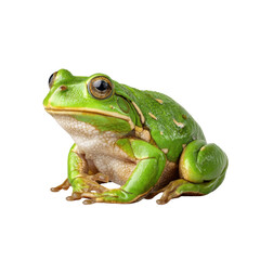 Fototapeta premium Close-up of a vibrant green frog perched on a rock, showcasing detailed skin texture in natural habitat Transparent background or png