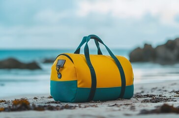A travel bag and the calm nature of the sea represent the idea of ​​creating a pleasant environment by the sea for a little peace and tranquility in the summer heat.
