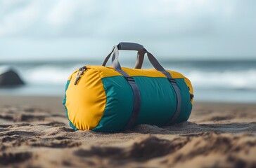 A travel bag and the calm nature of the sea represent the idea of ​​creating a pleasant environment by the sea for a little peace and tranquility in the summer heat.