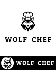 A creative wolf chef logo design featuring a wolf head wearing a chef hat in black and white 