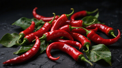 Fiery Elegance: A Still Life of Scarlet Chilies and Lush Green Leaves on Charcoal Slate