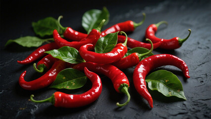 Fiery Elegance: A Still Life of Scarlet Chilies and Lush Green Leaves on Charcoal Slate