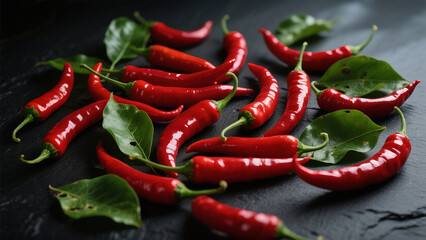 Fiery Elegance: A Still Life of Scarlet Chilies and Lush Green Leaves on Charcoal Slate