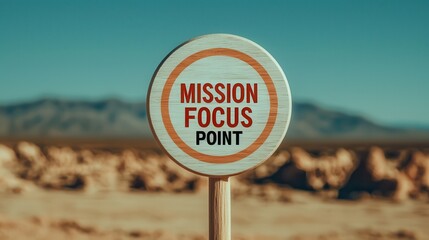 Geopolitical Conflict Concepts. A circular sign in a desert landscape reads "MISSION FOCUS POINT" with mountains blurred in the background under a clear sky.