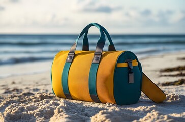 A travel bag and the calm nature of the sea represent the idea of ​​creating a pleasant environment by the sea for a little peace and tranquility in the summer heat.
