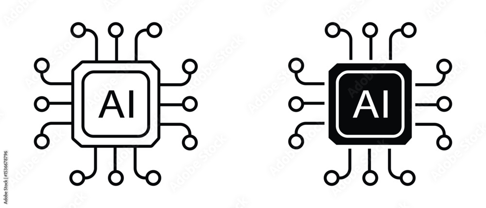 Poster ai chip icons vector collection, cpu in filled flat and thin line style. artificial intelligence ai 
