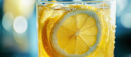 Close-up of a refreshing lemon-flavored drink with ice and bubbles.