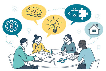 Diverse team collaborating at a round table brainstorming solutions and generating innovative ideas and strategies