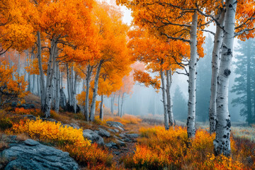 Tranquil autumn forest with vibrant orange foliage and misty background