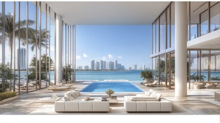 Fototapeta premium Luxurious waterfront living area with expansive views.