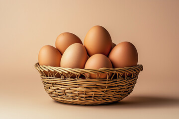 Close-up, top-down shot of a basket of brown eggs on a table with a beige background. High-res, high-detail product photo with sharp focus, pro studio lighting, natural light, and macro lens.