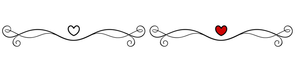 Decorative swirls with hearts in black and red for romantic themes, isolated vector separator for text, for postcards and typography, transparent background, two variants - outline and two colors  