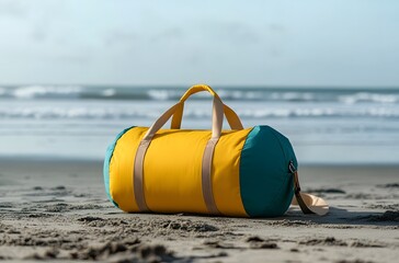 A travel bag and the calm nature of the sea represent the idea of ​​creating a pleasant environment by the sea for a little peace and tranquility in the summer heat.
