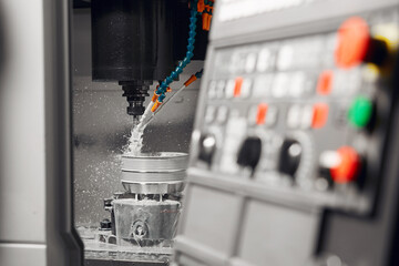 Milling machine drills holes on a metal part. CNC metalworking with coolant liquid. Industrial technologies concept.