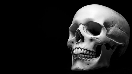 Obraz premium Realistic human skull on black background for horror or anatomy themes.