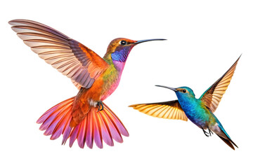 Stunning display of two vibrant hummingbirds in flight against a solid black background