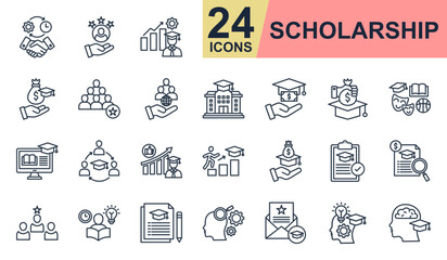 Scholarship Icons set vector illustration. Containing dedication, university, tuition, endowment, studying and more. Simple line icons collection.