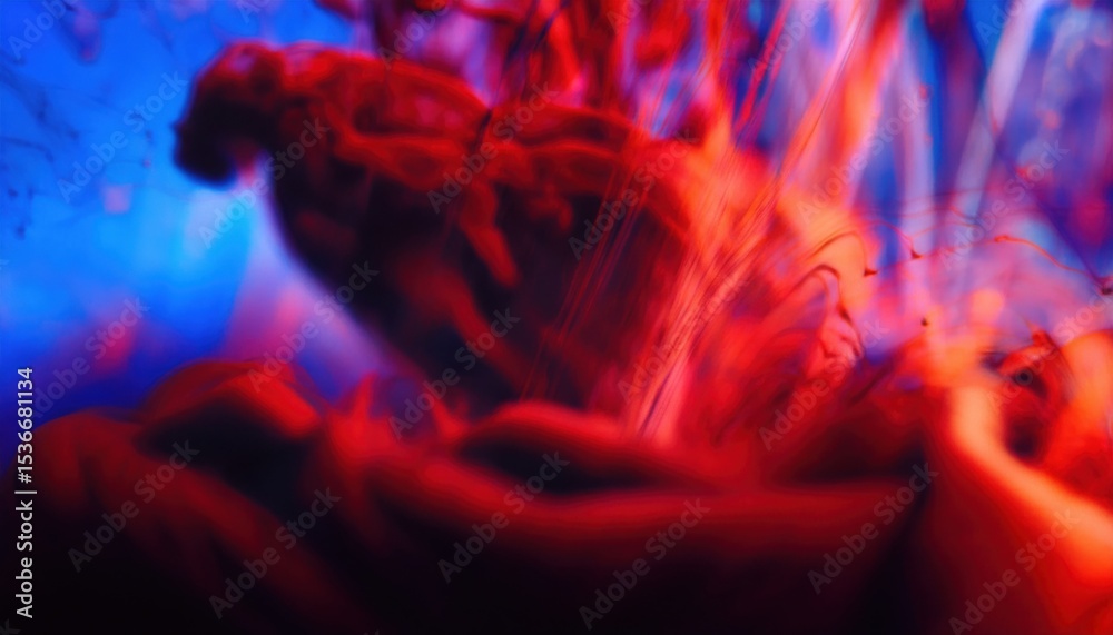 Poster vibrant red ink swirling in blue liquid abstract background for web design, print media, and brandin