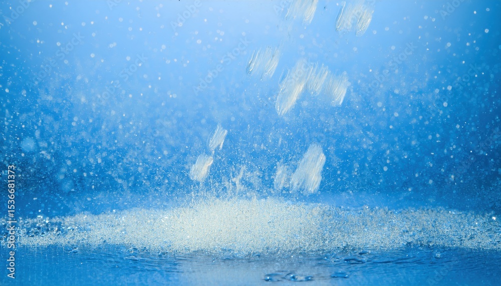 Poster clear blue water splash with dynamic bubbles and bokeh highlights for modern website background, print design, product branding, or digital interface

