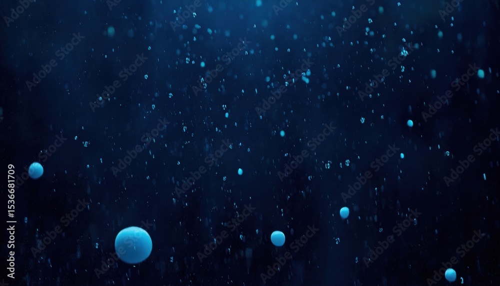 Poster dark blue underwater particles floating in motion blur with glowing bokeh effect and dreamy depth for website background, print poster, or branding texture

