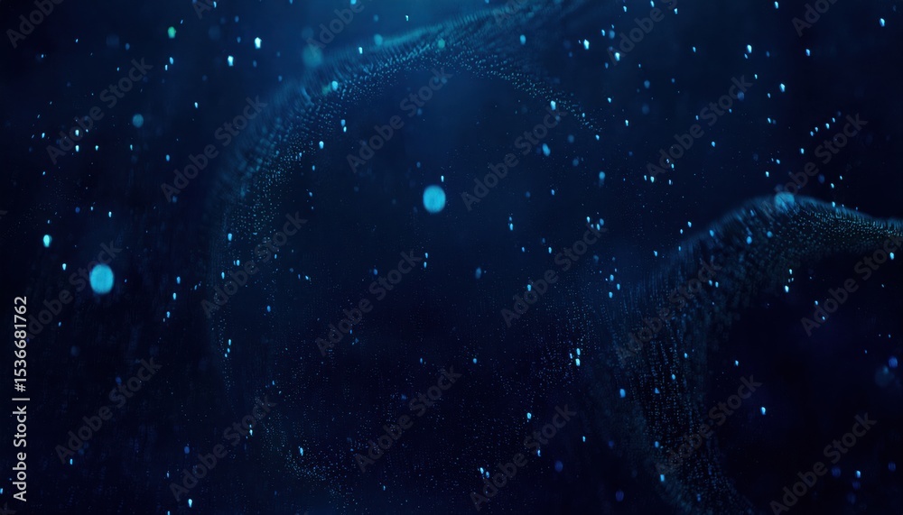 Poster dark blue underwater particles floating in motion blur with glowing bokeh effect and dreamy depth fo