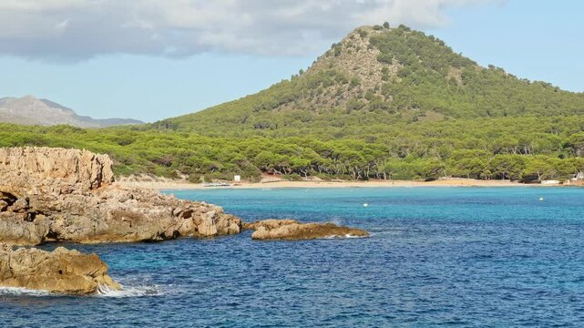 Panoramic view of beautiful Cala Agulla beach in Mallorca, Spain.
