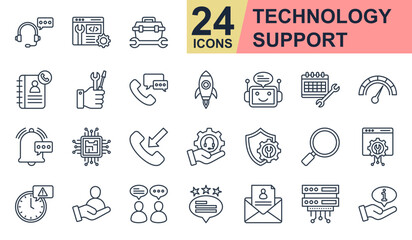 Technology support Icons set vector illustration. Containing call center, contact book, bot chat, maintenance support, information and more. Simple line icons collection.