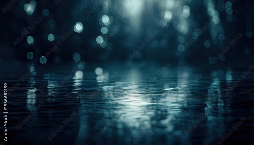 Poster abstract close-up of falling rain on reflective surface with dreamy bokeh lights in deep teal tones for atmospheric web design, print, or branding backdrop


