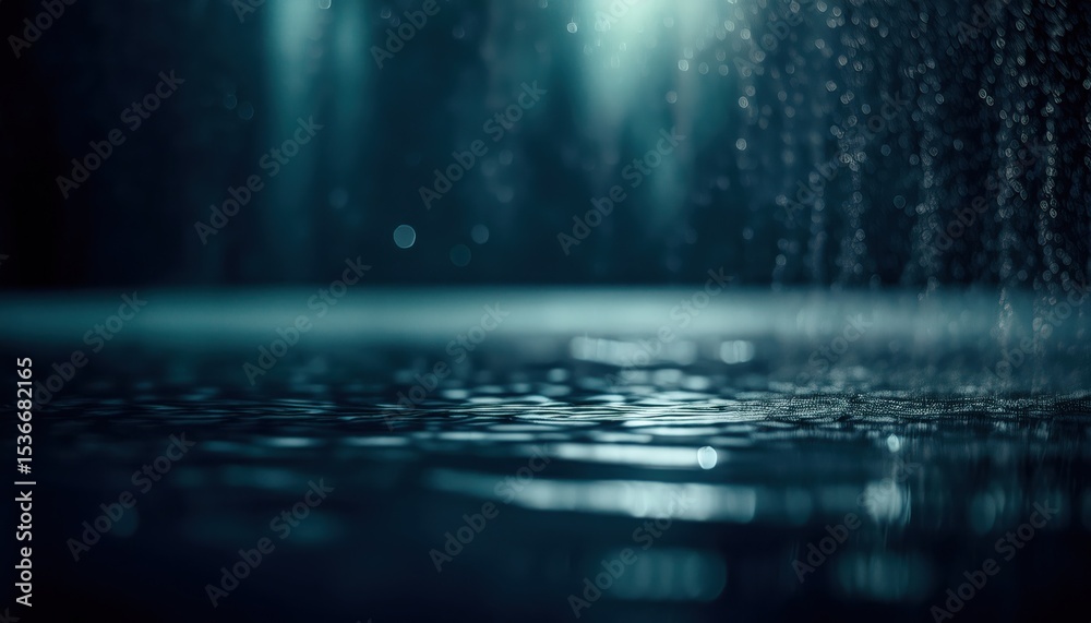 Poster abstract close-up of falling rain on reflective surface with dreamy bokeh lights in deep teal tones for atmospheric web design, print, or branding backdrop


