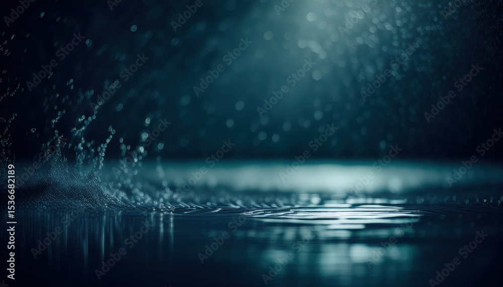Poster abstract close-up of falling rain on reflective surface with dreamy bokeh lights in deep teal tones for atmospheric web design, print, or branding backdrop

