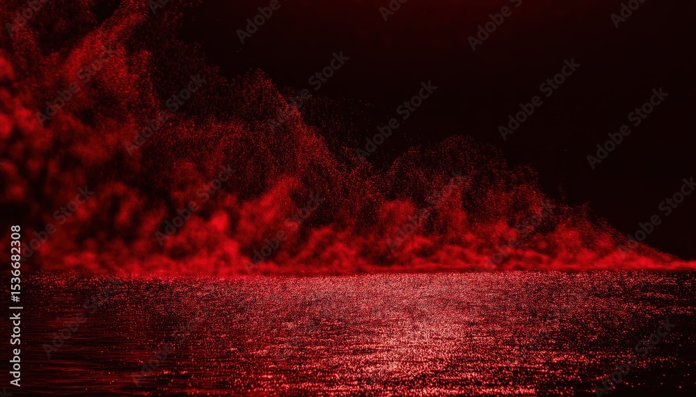 Poster vivid red light particles in motion forming abstract digital rain over a glowing textured surface, i