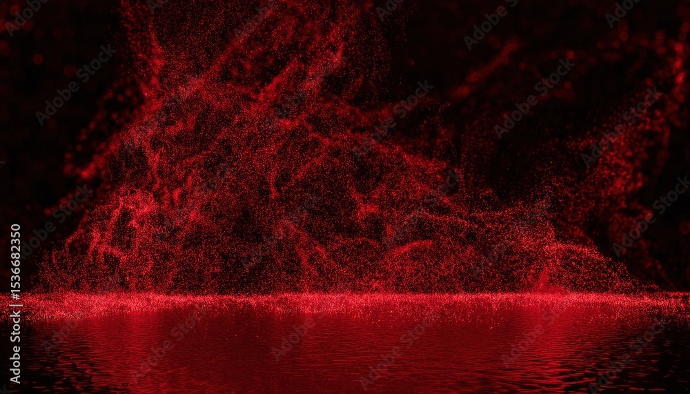 Poster vivid red light particles in motion forming abstract digital rain over a glowing textured surface, i
