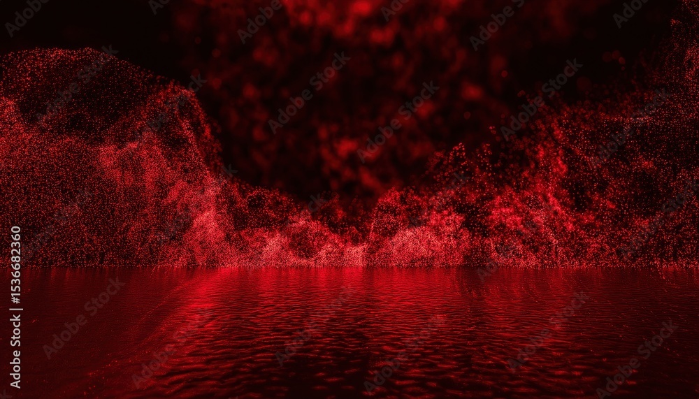 Poster vivid red light particles in motion forming abstract digital rain over a glowing textured surface, i