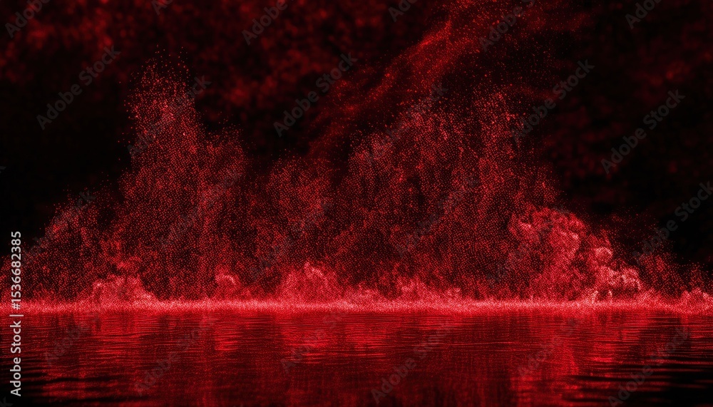 Poster vivid red light particles in motion forming abstract digital rain over a glowing textured surface, i