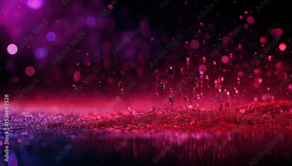 Poster vibrant magenta water splash over shimmering red surface with glowing bokeh and suspended droplets, 