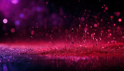 vibrant magenta water splash over shimmering red surface with glowing bokeh and suspended droplets, ideal for abstract background, web design, or digital branding

