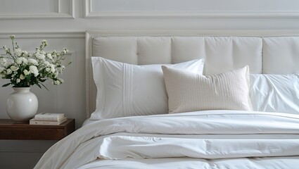 A neatly folded stack of fresh white sheets and pillowcases on a comfortable bed with a natural wood headboard, creating a clean, cozy, and relaxing bedroom scene