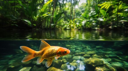 Golden fish swimming in a lush tropical stream.