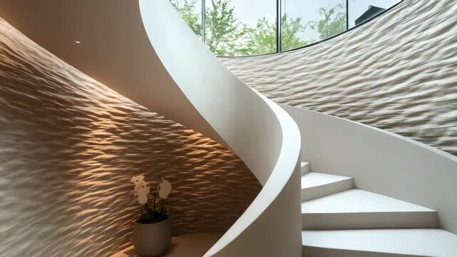 Modern home stair area with spiral staircase in double-height atrium featuring textured walls and skylight