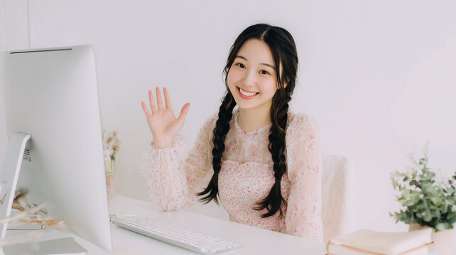 笑顔で画面越しに手を振る女性