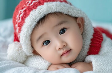 A cute baby wearing a Santa hat, lying on a white bed with a white blanket, against a light blue background.